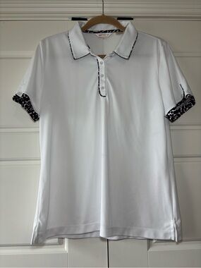 Monterey Club Women’s White Golf Polo Shirt w animal print trim. Size Large